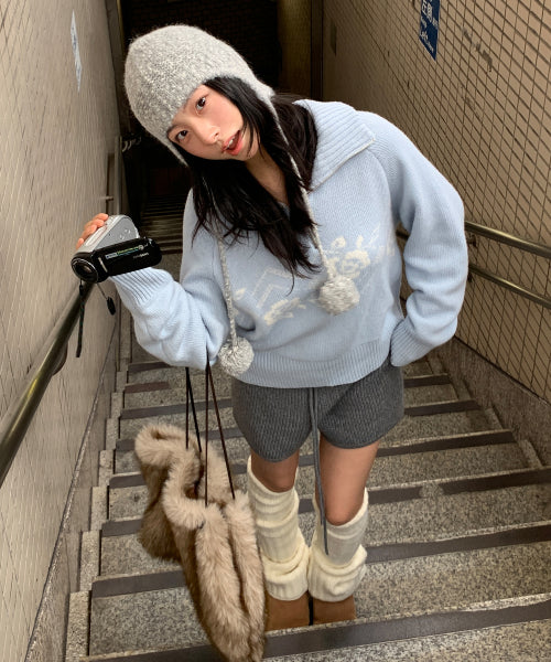 Rose Nordic Knit Half Zip-Up (Sky Blue)