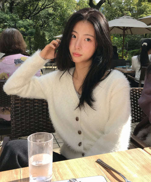 Hair Ornament Deep V-Neck Cardigan (Ivory)
