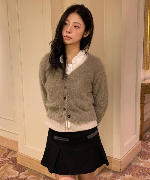 Hairy Deep V-Neck Cardigan (Khaki Brown)