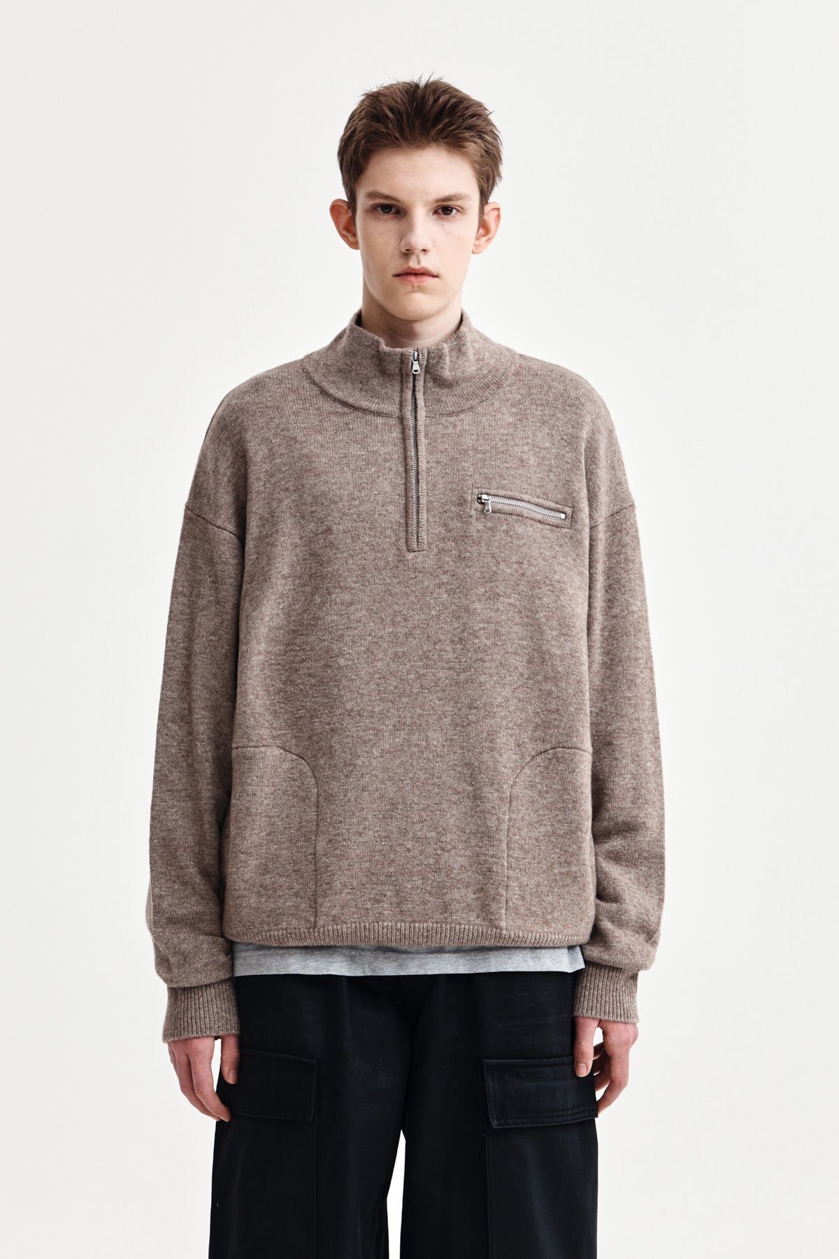 BACK LOGO HALF KNIT ZIP UP PULLOVER FOR MEN IN DARK BEIGE