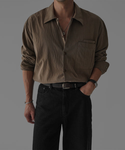 TEXTURED CONVERTIBLE COLLAR SHIRT [MOCHA]