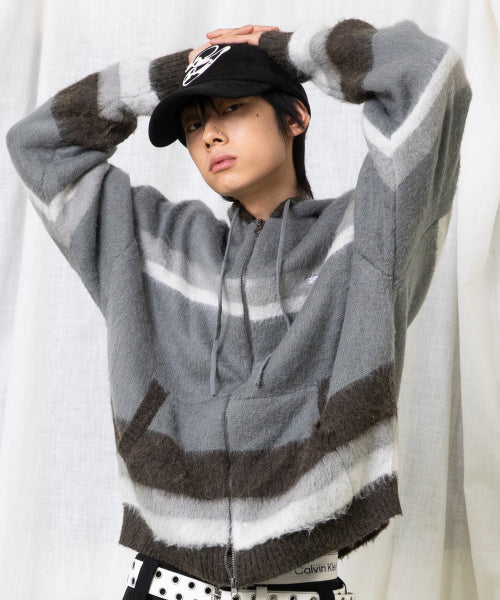 GNT061 Stripe Knitwear Zip-Up Hoodie (GRAY)