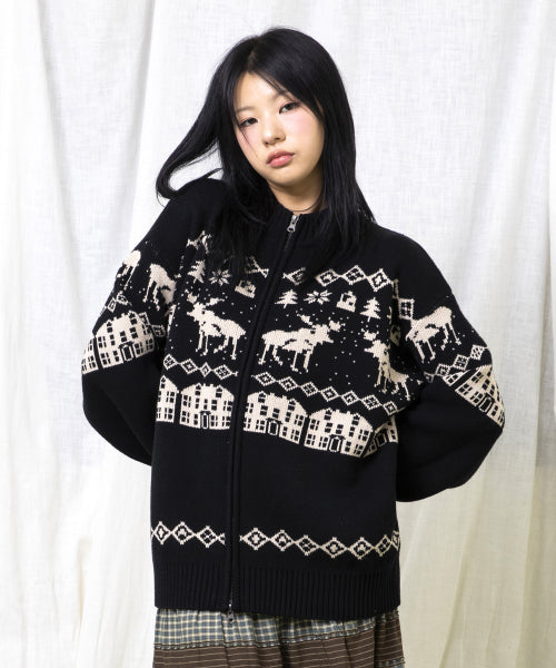 GNT071 Kevin Nordic Patterned Knitwear Zip-Up (BLACK)