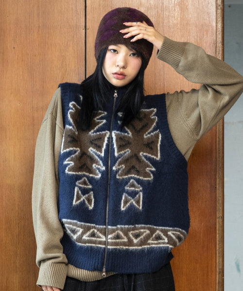 GNT065 Ugly Navajo Zip-Up Knitwear Vest (NAVY)