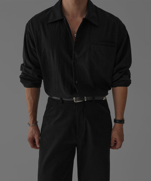 TEXTURED CONVERTIBLE COLLAR SHIRT [BLACK]