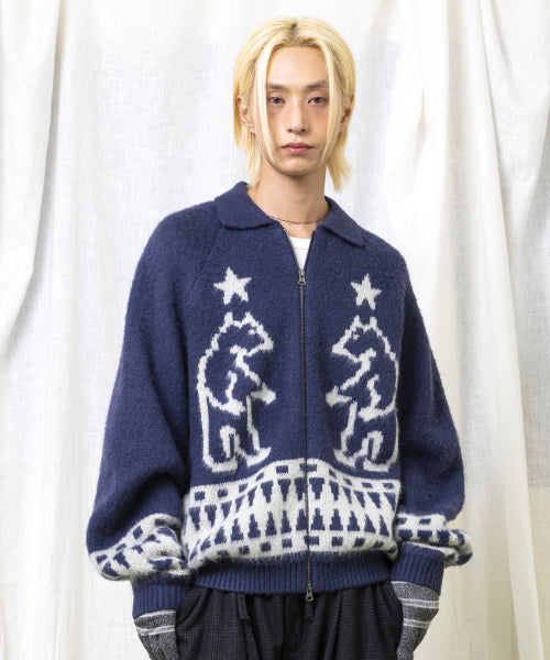 GNT062 Turtleneck Bear Cowichan Knitwear Zip-up (NAVY)