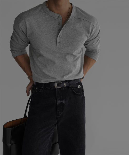 PANEL HENLEY NECK LONG SLEEVE T-SHIRT [GRAY]