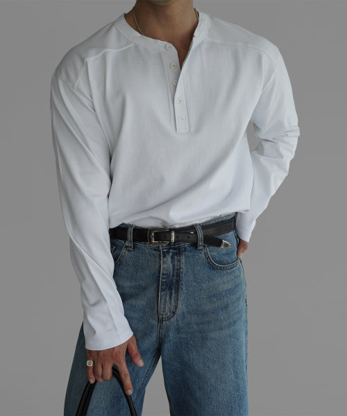 PANEL HENLEY NECK LONG SLEEVE T-SHIRT [IVORY]