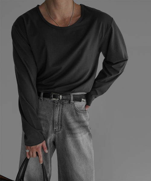 COTTON U NECK LONG SLEEVE T-SHIRT [CHARCOAL]