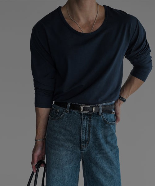 COTTON U NECK LONG SLEEVE T-SHIRT [NAVY]