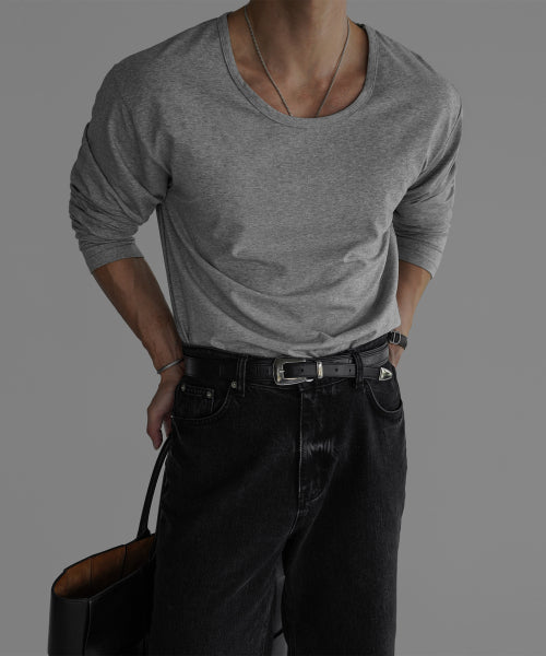 COTTON U NECK LONG SLEEVE T-SHIRT [GRAY]