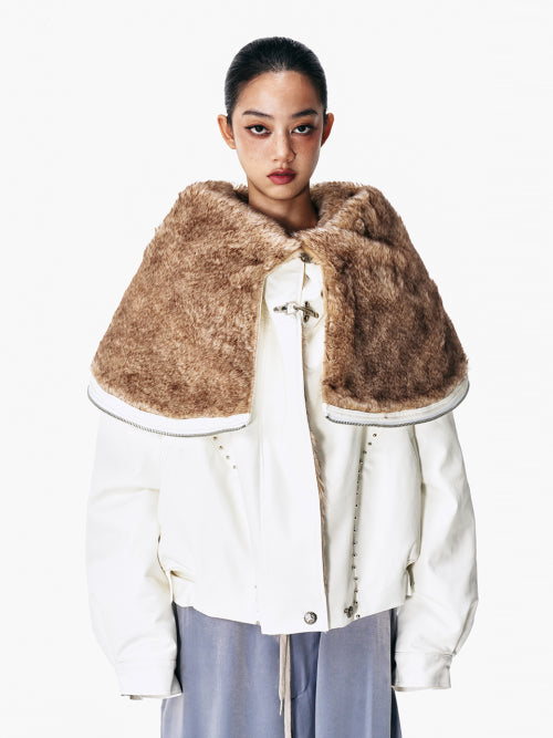 FOLD-OUT HOODIE SHAWL FUR JACKET WHITE