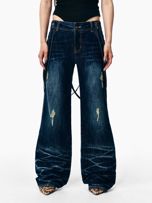 CROSS STRAP FADED DENIM PANTS BLUE