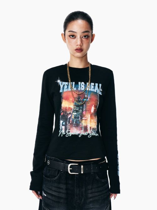 VINTAGE PRINTED LONG SLEEVE TOP BLACK