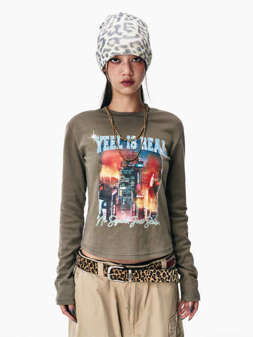 VINTAGE PRINTED LONG SLEEVE TOP KHAKI