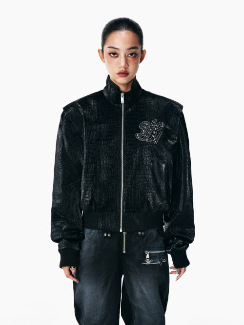FAUX CROCODILE LEATHER WINGED JACKET BLACK