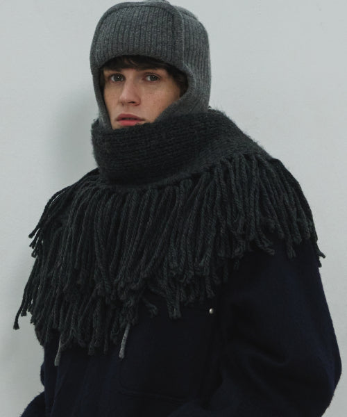 HANDMADE Fringe Knit Muffler / Charcoal