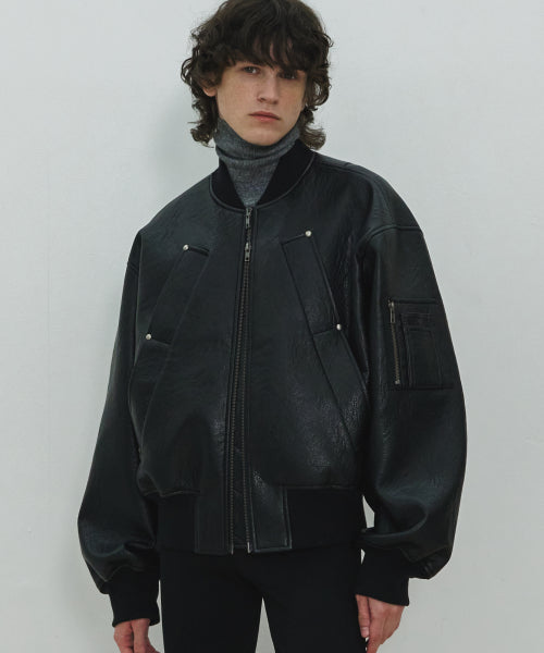 UNISEX, 4 Pocket Vegan Leather MA-1 Jacket / Black