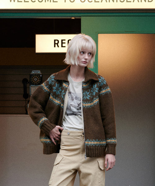 Shearling Nordic Zip Cardigan (Brown)
