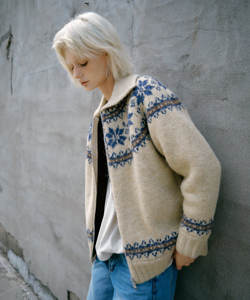 Shearling Nordic Zip Cardigan (Beige)
