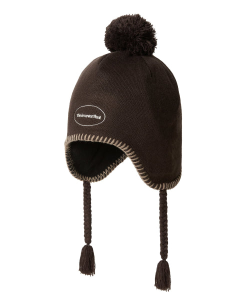Pom Earflap Beanie Brown