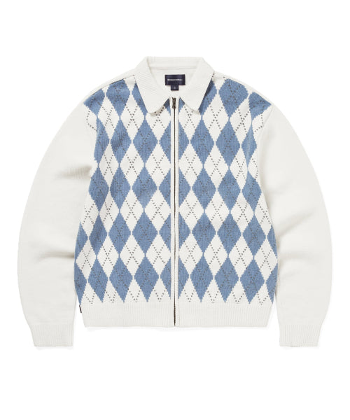 Argyle Zip Knit Cardigan White