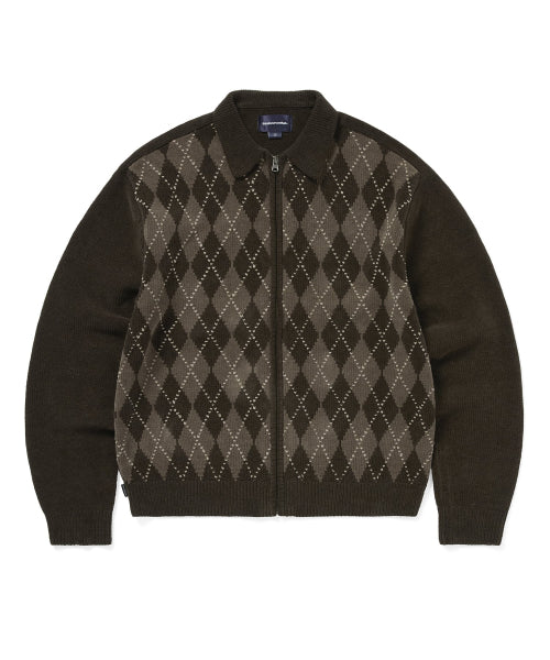 Argyle Zip Knit Cardigan Brown