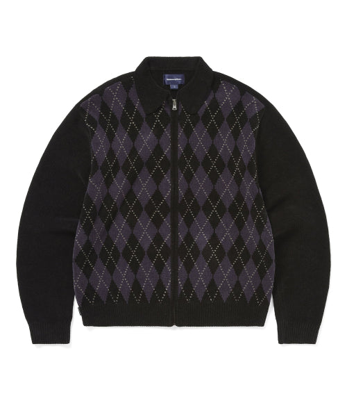Argyle Zip Knit Cardigan Black