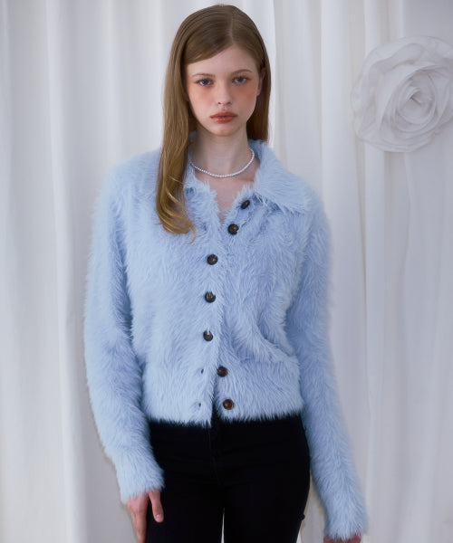Fur Collar Button Cardigan [Sky Blue]