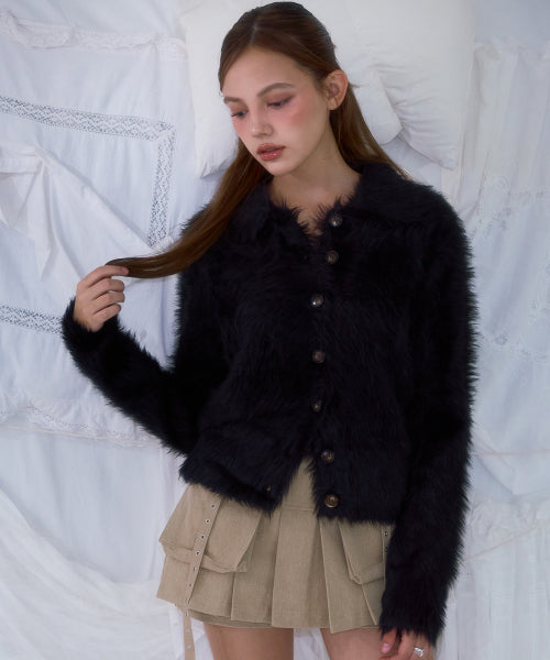 Fur Collar Button Cardigan [Black]