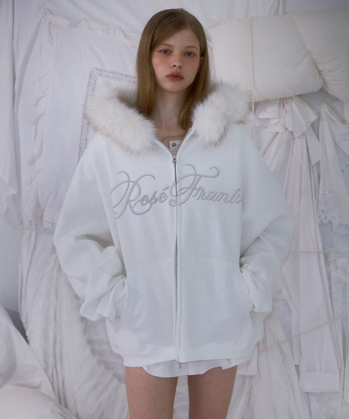 Fur Overfit Lettering Hood Zip-up [Ivory]