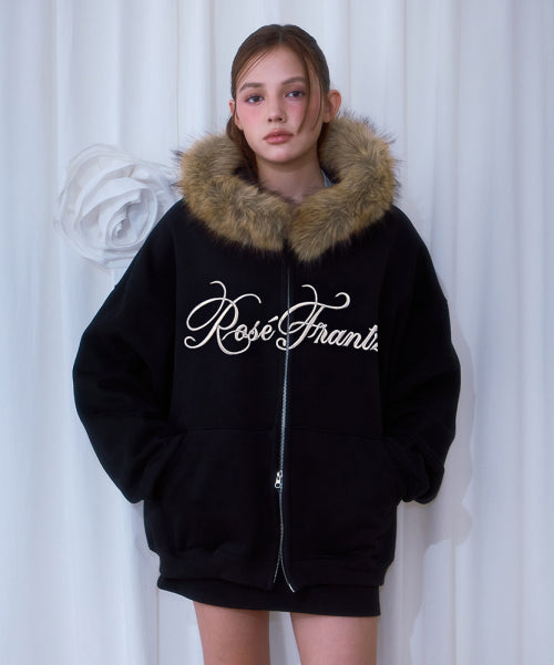 Fur Overfit Lettering Hood Zip-up [Black]