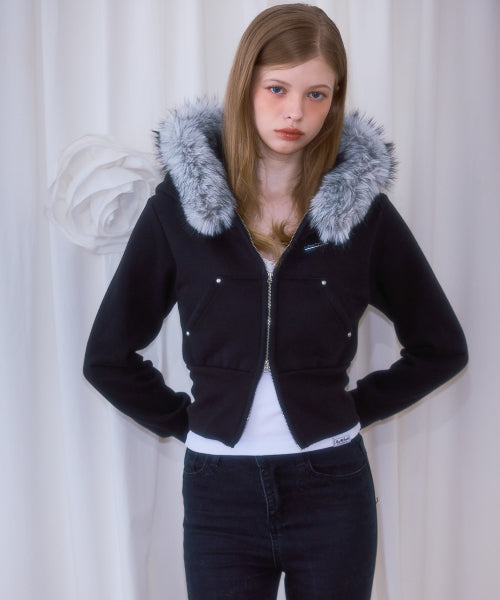 Fur Slim Rivet Hood Zip-up [Black]