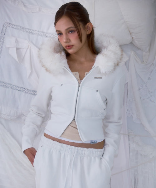 Fur Slim Rivet Hood Zip-up [Ivory]