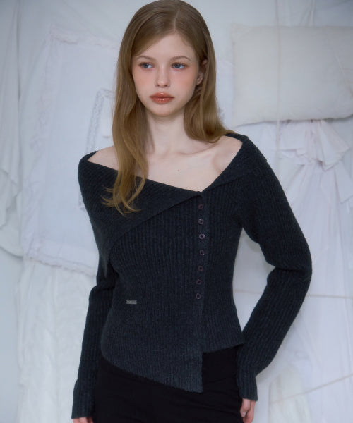 Unbalance Collar Button Knit [Charcoal]