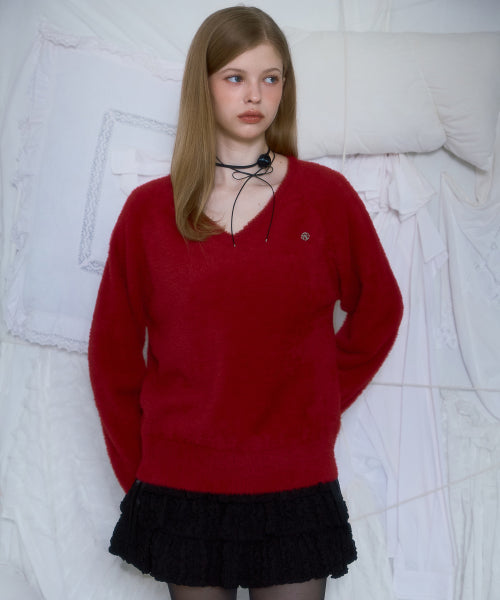 Fur V-neck Knit [Red]