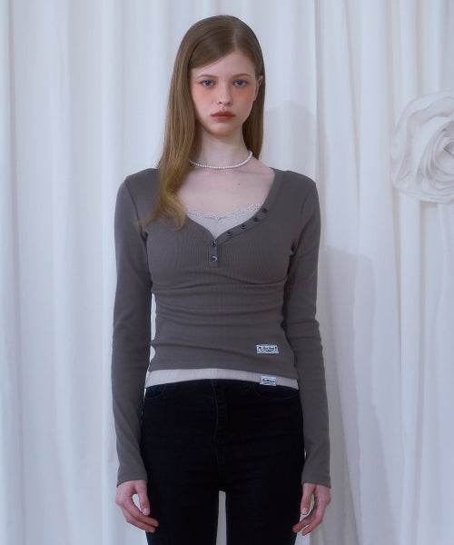 V-neck Button Long Sleeve [Brown]