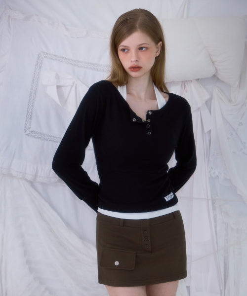 Eyelet Henley-neck Long Sleeve [Black]