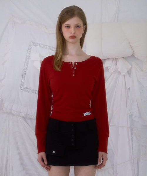 Eyelet Henley-neck Long Sleeve [Red]