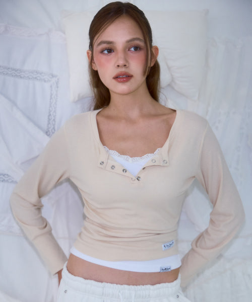 Eyelet Henley-neck Long Sleeve [Beige]