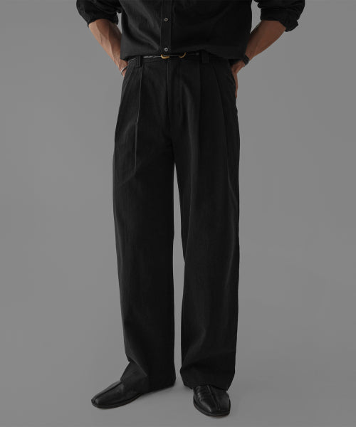 TWO TUCK COTTON WIDE PANTS [BLACK]