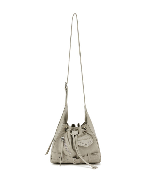 DEINET STUD BELTED MINI BUCKET BAG IN ASH BEIGE