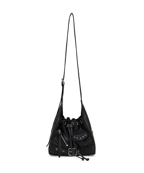 DEINET STUD BELTED MINI BUCKET BAG IN BLACK