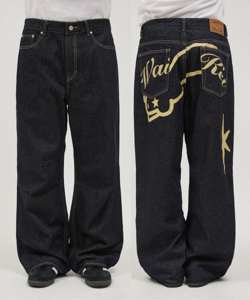 Back Graphic Parachute Denim Pants INDIGO BLUE