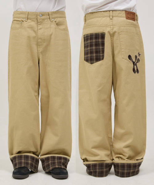 Check Applique Roll Up Cotton Pants BEIGE