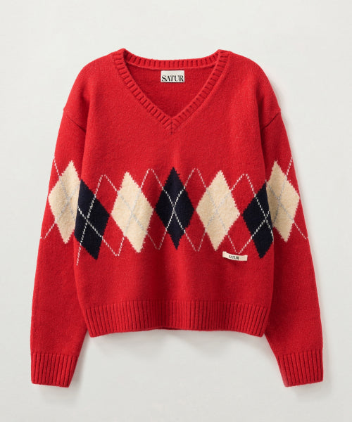 (W) Argyle V-Neck Pullover Knit Red