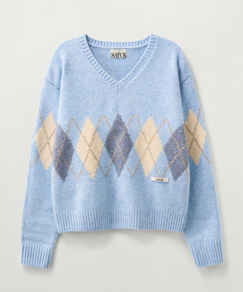 (W) Argyle V-Neck Pullover Knit Sky Blue