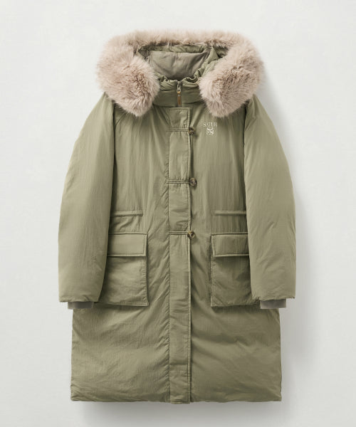 (W) Synthetic Fur Collar Hood Long Down Khaki