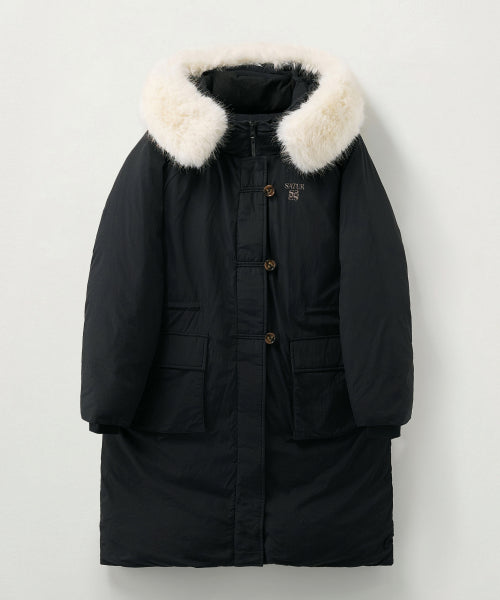 (W) Synthetic Fur Collar Hood Long Down Black