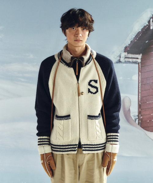 Knit Varsity Jacket Cream
